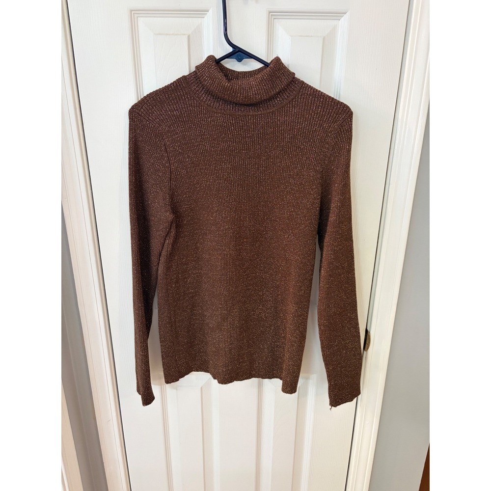 Emma James Turtleneck Sweater Womens Large Brown Metallic Ribbed Knit Top